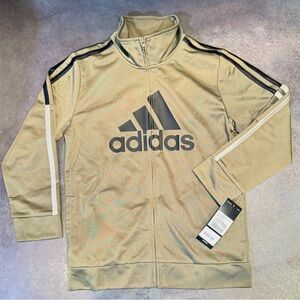 Adidas Track Jacket Kids Size 7 Tan Full Zip Black White Stripe Logo NWT